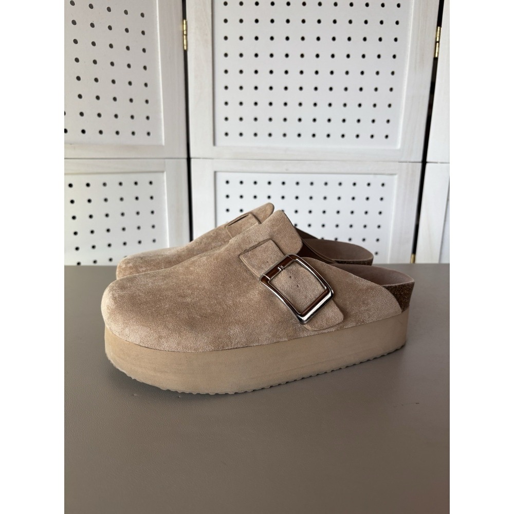 Madden Girl Beige Suede Platform Clogs with Silver Buckle